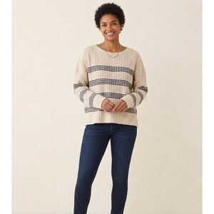 BE COOL Cream and Navy Striped Crewneck Sweater